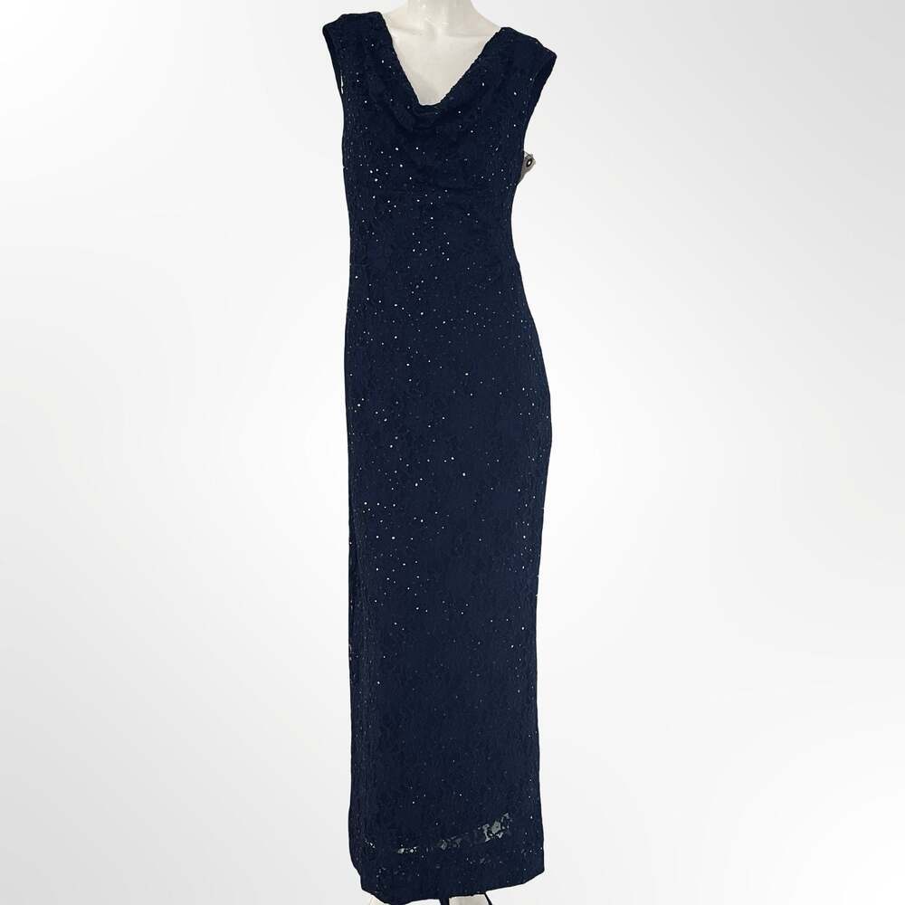 Connected Apparel Women's Navy Sequin Lace Cowl Neck Sleeveless Gown
